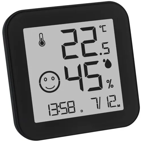TFA Thermo-Hygrometer BlackundWhite - Digitales Hygrometer für Innenräume, misst Temperatur von -9,9 bis 50°C und Luftfeuchtigkeit von 1% bis 99%. Mit augenfreundlicher E-Ink-Anzeige und Komfortanzeige für optimales Raumklima.