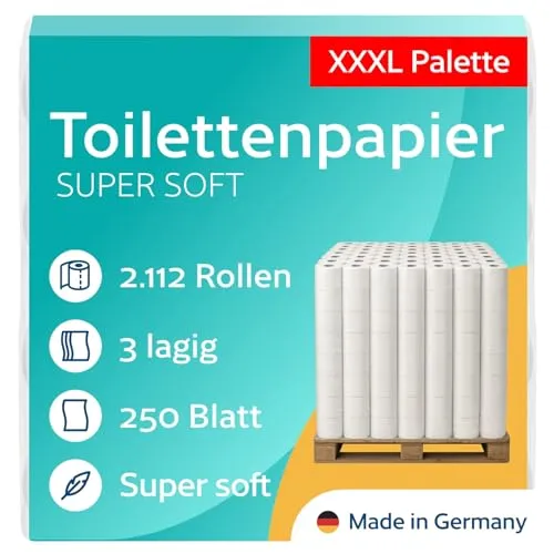 Rollen Toilettenpapier 3-lagig – 250 Blatt pro Rolle – 100% Zellstoff – Made in Germany – 264 x 8 Stück - für Zuhause, Gewerbe, Industrie, Hotels, Gastronomie 2112