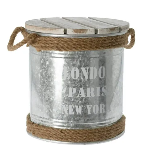 Beistelltisch Tonne aus Metall und Holz mit Stauraum in silber von Meinposten