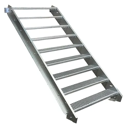 Stufen Stahltreppe 70cm Breite für Geschosshöhen 135-180cm - Robuste 9-Stufen Stahltreppe mit 70cm Breite, ideal für den Außenbereich. Stabile Konstruktion und inklusive Zubehör für eine einfache Montage.