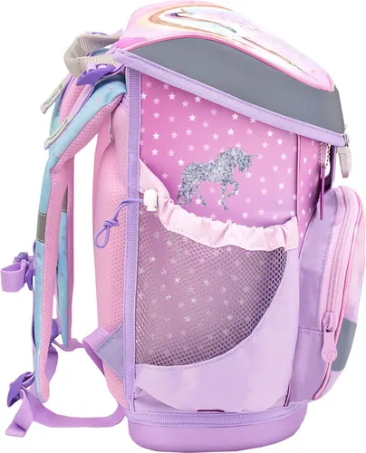Belmil Mini-Fit Schulranzen Set 4-teilig (Rainbow Unicorn 2) - Ergonomisches Schulranzen Set für die Grundschule, besonders leicht (800-860 g) und mit reflektierenden Elementen für Sicherheit. Ideal für Erstklässler.