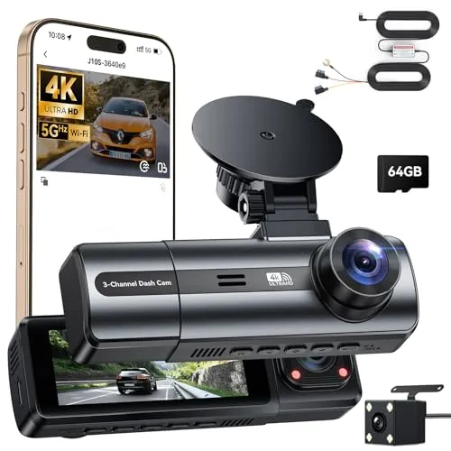 BKXCHA 4K Dashcam Auto Vorne Hinten mit Hardwire Kit | Dash Cam mit Parküberwachung,64GB SD Karte,3-Kanal Auto Kamera mit Nachtsicht,170° Weitwinkel,WDR,G-Sensor,Loop-Aufnahme