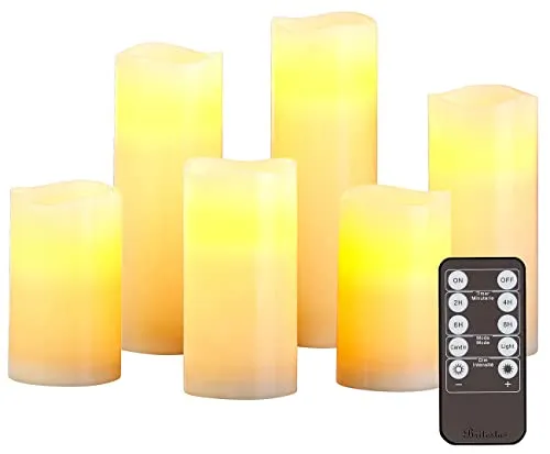Britesta LED Batterie Leuchten: 6er-Set dimmbare LED-Echtwachskerzen mit Fernbedienung, in 5 Größen (Kerzen-Sets mit Fernbedienung, Kerzen mit Zeitschaltung, Weihnachtsdeko)