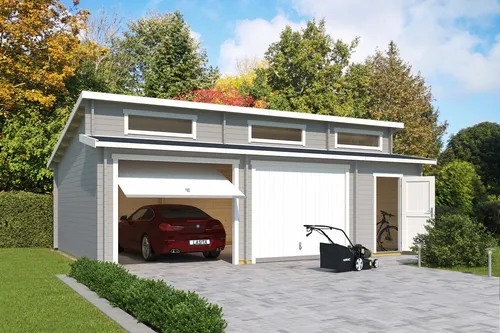 Lasita Garage Stufendach 44 mm Hawaii mit Schwingtor - Hochwertige Garage aus 44 mm Blockbohlen, abschließbar und mit 39.4 m² Nutzfläche – ideal für Garten und Fahrzeugschutz.