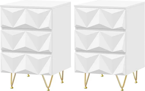 EUGAD Nachttisch Set (2er), 3 Schubladen, Weiß + Gold, 40x62,5x40 cm