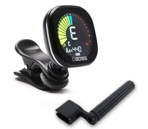 Boss TU-05 Clip-On Stimmgerät mit Saitenkurbel - Präzises Clip-On Stimmgerät für Gitarre, Bass und Ukulele mit bis zu 10 Stunden Akkulaufzeit, USB-aufladbar und kontrastreichem Display für optimale Lesbarkeit.