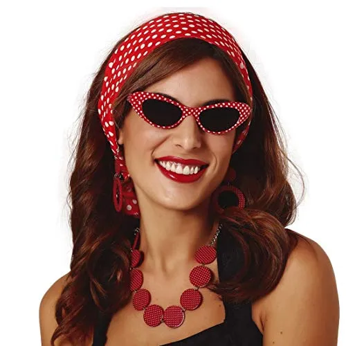NET TOYS Stylisches 50er Jahre Kostüm-Set für Damen - Rot-Weiß - Schicke Party-Verkleidung mit Brille, Kopfschmuck, Ohrringen und Halskette - EIN Blickfang für Karneval & Mottoparty