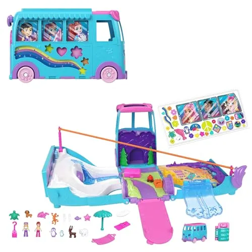 Polly Pocket Mikropuppen Camper Spielset mit Accessoires - Erlebe Outdoor-Spaß mit dem Polly Pocket Spielset! Enthält 2 Mikropuppen, 21 Accessoires und ein umwandelbares Wohnmobil für Abenteuer mit Freunden und Haustieren. Ideal für kreative Spielmomente!