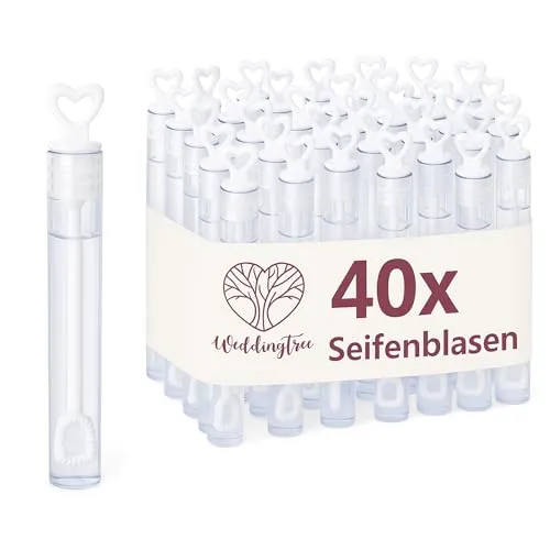 WeddingTree Seifenblasen Hochzeit Set in weiß - 40 Stück mit Herzgriff - herzallerliebst für Hochzeit Taufe Geburtstag Goldene Hochzeit Verlobung Valentinstag Gastgeschenk Party