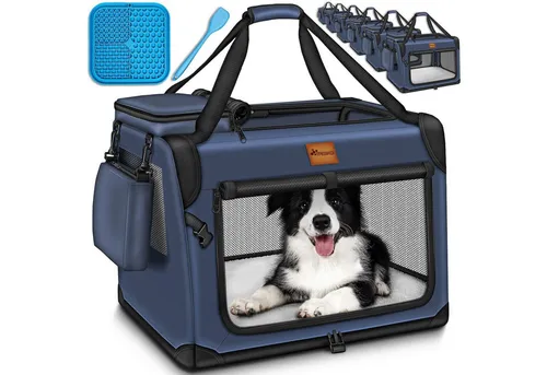 TRESKO Faltbare Hunde-Transportbox mit Leckmatte - Praktische Transportbox für Hunde und Katzen bis 15 kg, inklusive Leckmatte und Spatel. Ideal für Reisen, sicher und komfortabel. Maße: 70x52x52 cm.