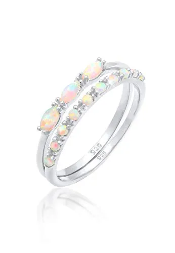 Elli Ring-Set Vintage Cabochon Opal 2er-Set - Fingerringe aus 925 Sterling Silber vergoldet, mit facettenreichen synthetischen Opalen – das perfekte Accessoire für besondere Anlässe und modische Akzente.