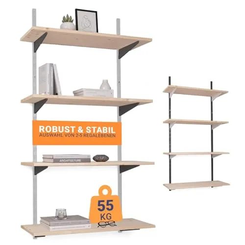 BOOMET Wandregal Metall mit 5 Ebenen - Flexibles Regalsystem - Flexibles Wandschienen-Regalsystem in 50 Varianten. Ideal für individuelle Raumgestaltung mit robusten Regalträgern und einfacher Montage. Perfekt für Werkstatt, Büro oder Abstellraum.