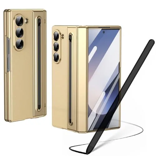 Hülle für Galaxy Z Fold6 mit Stylus Pen, Z Fold 6 Cover mit Displayschutzfolie vorne + S Pen-Steckplatz, Lederhülle für Samsung Galaxy Z Fold6 mit Scharnierschutz-Gold
