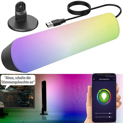 Luminea Home Control TV Beleuchtung: WLAN-USB-Stimmungsleuchte mit Farbwechsel - Stimmungslichter mit RGB+CCT-LEDs für über 16 Mio. Farben und dimmbare Helligkeit. Steuerbar per App und kompatibel mit Alexa, Google Assistant und Siri für Sprachbefehle.