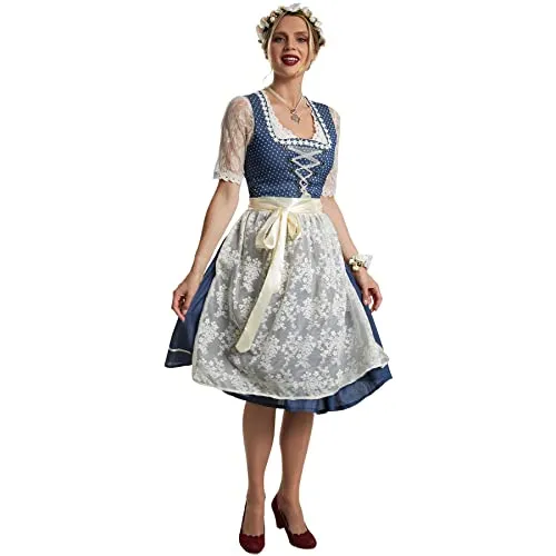 dressforfun Midi-Dirndl 950030 - Dirndl für Damen, halblang und tailliert im klassischen Look mit feiner Schnürung und aufgenähter Blumenkette für einen eleganten Auftritt.