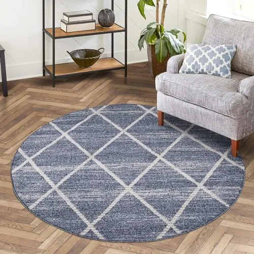 Carpet City Teppich Art 2646, Rundteppich in Blau Ø 200 cm - Teppich in Rauten-Optik, ideal für Flur & Diele. Strapazierfähig, fußbodenheizungsgeeignet und pflegeleicht für langanhaltende Freude.