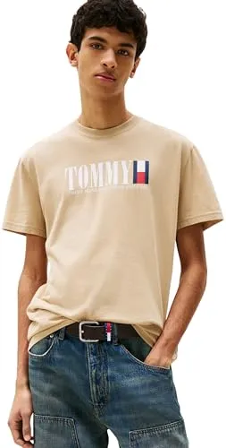 Tommy Jeans Herren T-Shirt Kurzarm Flag Tee Regular Fit, Beige (Silt), XS