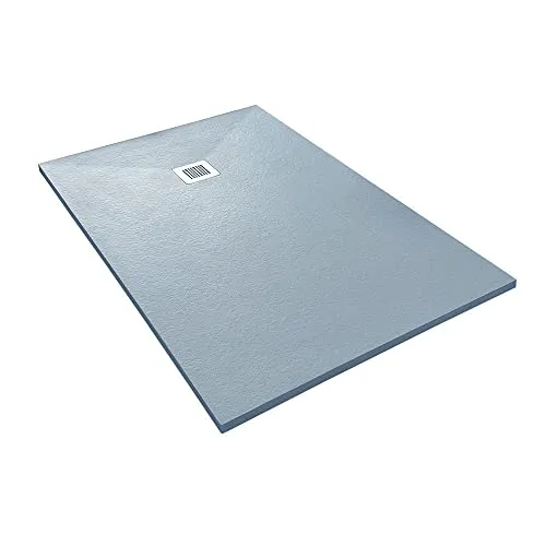 Veroni Duschwanne aus Kompositstein mit Schiefer-Muster 140 x 90 x 3 cm Grau - Duschwanne in extra flacher Bauweise (3 mm) aus rutschfestem Verbundstein, wärmespeichernd und inklusive Ablauf. Ideal für moderne Badezimmer.