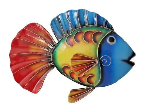 Wanddeko Fisch Metall Zierfisch - Maritimes Wandbild für Garten und Innenräume - Wetterfest und handbemalt, eignet sich ideal für drinnen und draußen. Diese maritim inspirierte Skulptur bringt Farbe und Stil in jeden Raum.