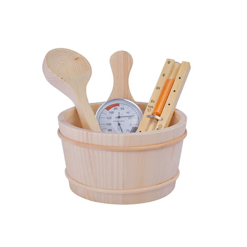 HARVIA Saunazubehör Set BASIC 5-teilig mit Aufgusskübel - Praktisches Set für die Sauna: 5-teiliges Zubehör mit Aufgusskübel, Holzkelle und Sanduhr – ideal für entspannende Saunaerlebnisse.