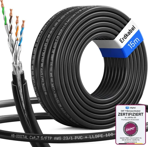 hb-digital CAT 7 Erdverlegekabel Doppelmantel S/FTP PVC + LLDPE AWG23 Außenbereich 15m
