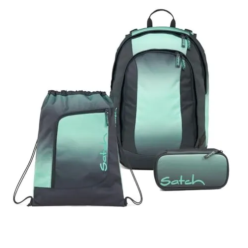 Satch Air Schulrucksack Set 3tlg. (Gradient Mint) - Schultaschen-Set mit Schlamperbox und Sportbeutel, aus 100% recycelten PET-Flaschen, ideal für Schule und Sport, nachhaltig und chemisch unbedenklich.