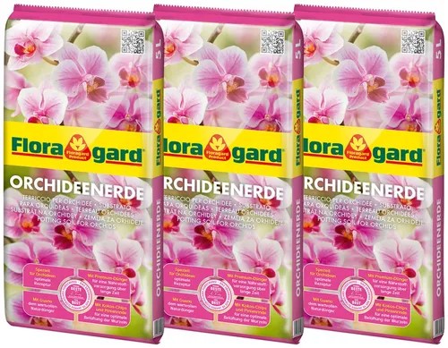 Floragard Orchideenerde 3x5L - Spezial-Erde für Phalaenopsis und andere Orchideen, torffrei mit Premium-Dünger und Pinienrinde für gesunde Wurzeln