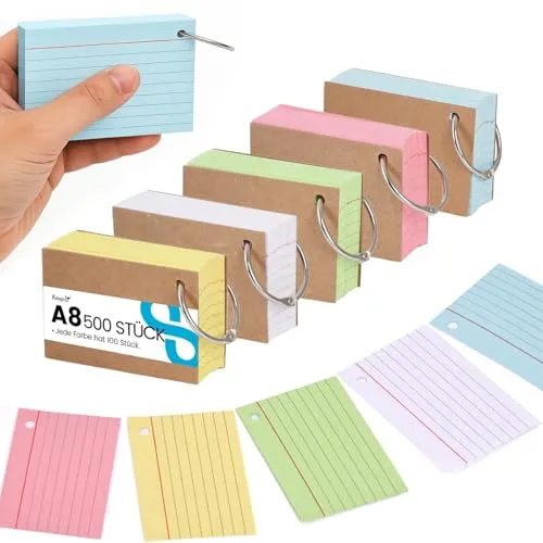 Koogel Karteikarten A8 mit Metallringen, 500er Set in 5 Farben, Lernkarten für Vokabeln, Formeln, Notizen, 7.3 x 5.1 cm