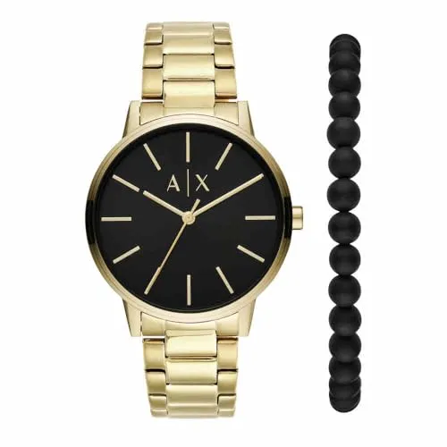 Armani Exchange AX7119 Herren-Armbanduhr, Edelstahl-Gehäuse, Metall-Armband - Goldfarben/Schwarz - Elegante Herrenuhr mit goldfarbenem Edelstahl-Gehäuse und schwarzem Zifferblatt, wasserbeständig bis 5 ATM - perfekt für stilbewusste Männer.
