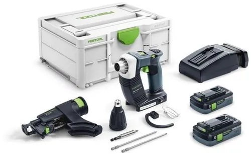 Festool Trockenbauschrauber DURADRIVE DWC 18-2500, HPC4,0 I-Plus - Akkuschrauber mit 18V/4Ah, inkl. 2 Akkus und Koffer. Mit bürstenlosem Motor für 40% mehr Schraubleistung und Bluetooth-Funktion für automatische Absaugung.
