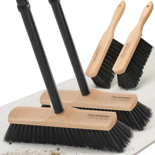 Hausfelder Staubbesen Zimmerbesen + Handbesen, Vorteilspack: 2 x Besen 30cm, 2 x Handfeger (4-St), Besen 30 cm breit, Metallstiel 4teilig mit Drehgewinde, weiche Borsten