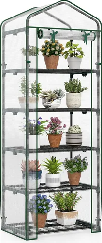 COSTWAY Mini Gewächshaus 5 Regale, Winterfest, 69 x 48 x 190 cm (Weiß) - Kompaktes Mini-Gewächshaus mit 5 stabilen Regalen für optimale Pflanzenpflege. Robuster Metallrahmen sorgt für Langlebigkeit, während die aufrollbare Tür für beste Belüftung sorgt. Ideal für Terrasse und Balkon!