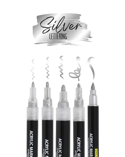 ONLINE 5er-Set Acryl Stifte Silver I Stark deckendes Handlettering Set mit Brush Pen, Fineliner, Kalligrafie Stift & Markern I metallic Acryl Marker für DIY-Projekte I Papier, Glas, Holz, Stein, Stoff