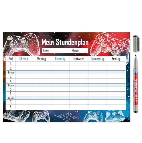 Gaming Stundenplan abwischbar I DIN A4 I Rückseite selbstklebend I Jungen dv_490