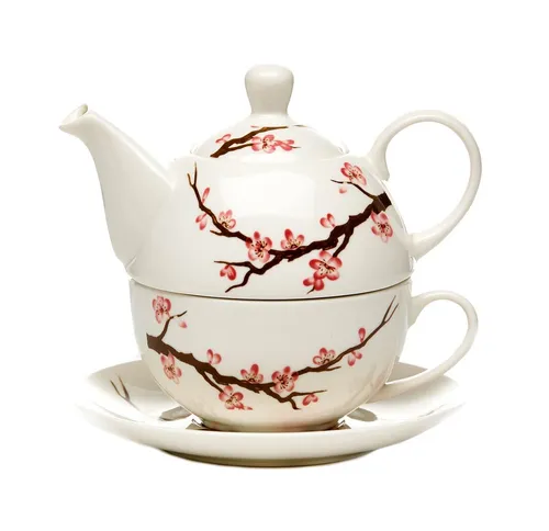 Tea for one Set Tee Teekanne Tasse Unterteller sakura Porzellen weiss rosa 014