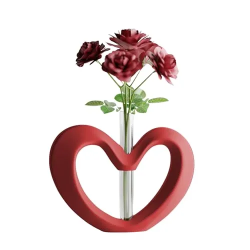 Shapes - Decorations Herz Vase Modern, Recycelter Kunststoff, Minimalistische Tischvase mit Glasröhrchen für Einzelblume, Matt Finish, 18 x 13 cm, Wasserdicht, Valentinstag (Rot)