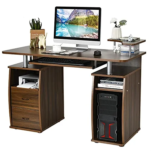 COSTWAY Computertisch mit Schubladen und Tastaturauszug - Schreibtisch mit Druckerablage, ideal für Büro oder Zuhause. Robustes MDF-Material und pflegeleichte Oberfläche bieten Stabilität und Funktionalität.