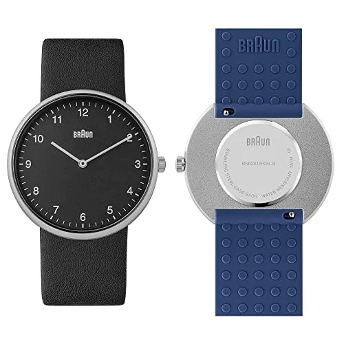 Braun 2-Zeiger-Quarz-Analoguhr, schwarzes Zifferblatt und schwarzes Lederarmband mit zusätzlichem blauen Silikon-Kautschukarmband, Schnellverschluss-Federstege, 38 mm, Modell BN0281BKBLG