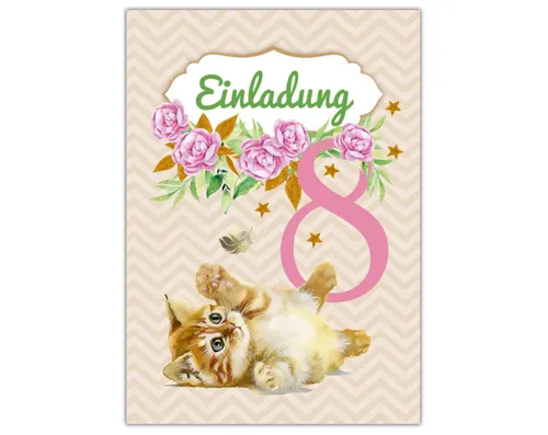 JUNAPACK Einladungskarten Katzen Einladungen zum 8. Kindergeburtstag Katzen Karten Mädchen, Einladungskarten mit einem Katzen zum achten Geburtstag