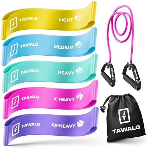 TAVIALO Widerstandsbänder Set 5 Fitnessbänder + Expander 100% Natur-Latex - Krafttraining Muskelaufbau | Crossfit Yoga Physiotherapie | Home Gym Equipment