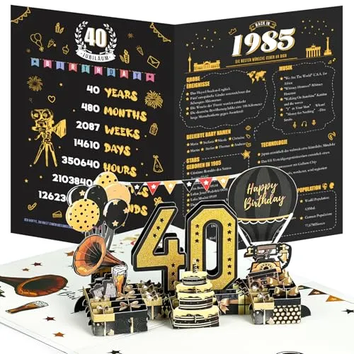 Joyoldelf 40. Geburtstagskarte, 1985 Jahrgang Geburtstag Karte, 3D Pop Up Grußkarten mit Umschlag, Vintage Geburtstag Geschenke für Mann und Frau