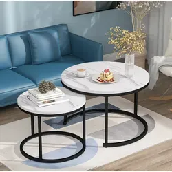 Tisch 2er-set Mdf In Weißer Marmoroptik, Runde Couchtische Verschachtelbar