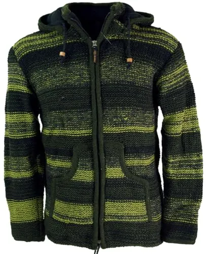 GURU SHOP Strickjacke Wolljacke Nepaljacke Batik Olive - Modell 25 - Strickjacke für Herren aus reiner Schafwolle, gefüttert mit Fleece für extra Wärme. Mit abnehmbarer Kapuze und praktischen Reißverschlusstaschen ideal für kalte Wintertage.