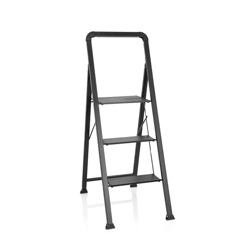 hjh OFFICE Klappleiter 3 Stufen SOLID W6 - Leiter für Büro und Haushalt, bis 150 kg belastbar, mit rutschsicheren Stufen und sicherem Haltegriff - platzsparend klappbar und leicht zu transportieren.