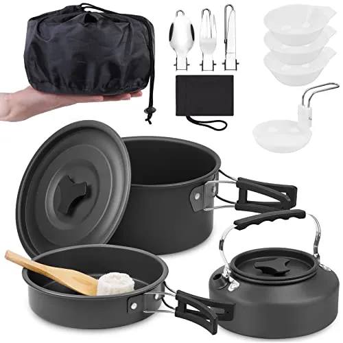 Camping Kochgeschirr Set 14-teiliges, Aluminium Geschirr, Campinggeschirr Outdoor Kochen, Faltbare Kochtopf 1.1L Teekessel Camping Topf Besteck 2-3 Person