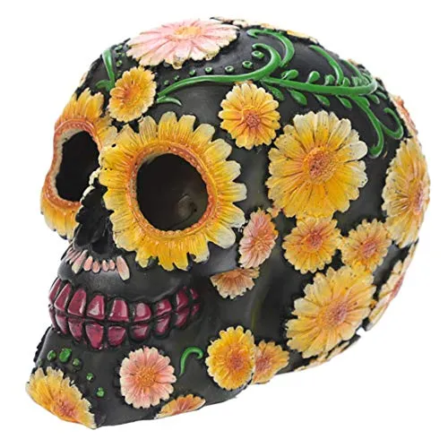 Puckator Day of The Dead Totenkopf mit Blumenmuster, Polyresin, Gelb/Grün/Pink/Schwarz, 15 x 10,5 x 11,5 cm, Kunstharz, Mehrfarbig, 11,5 x 10,5 x 15 cm