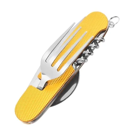 König Design 6 in 1 Edelstahl Klapp besteck Camping besteck Set Outdoor Reise Besteck Kit Abnehmbare Geschirr Bewerben auf Wandern Reise Picknick Campen Festival (Gelb)