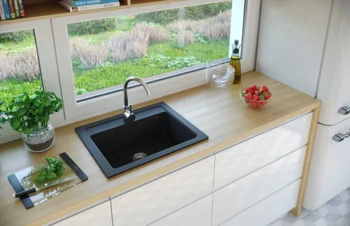 Granit Spüle DG016 Schwarz 58x48cm - Sanitäranlagen & Zubehör - Robuste, kratzfeste Granit Spüle mit Hitzebeständigkeit bis 280°C, ideal für moderne Küchen.