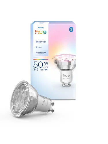 Philips Hue Essential Smart LED GU10 Strahler - Leuchtmittel mit 4,7 W, dimmbar und steuerbar via Alexa, Google Assistant und Apple Home. Schaffen Sie die perfekte Stimmung mit einer Vielzahl von Lichtszenen.