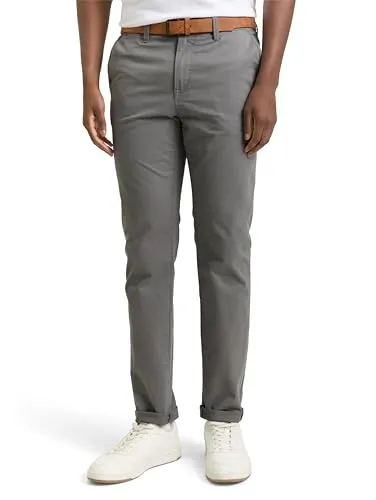 TOM TAILOR Denim Herren Slim Fit Chino Hose mit Gürtel - Castlerock Grey - Herren-Jeanshose aus Baumwoll-Stoff mit Stretch-Anteil für hohen Tragekomfort. Ideal für Freizeit und Business-Anlässe, mit klassischem Design und praktischen Taschen.